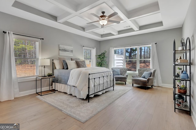 bedroom featuring coffered ceiling, light wood-type flooring, and baseboards