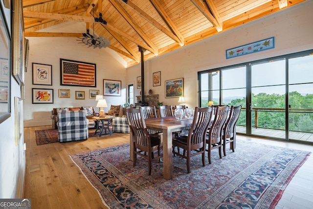 dining area featuring light wood finished floors, beamed ceiling, wood ceiling, and high vaulted ceiling