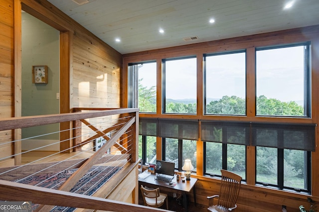 interior space with recessed lighting, visible vents, wooden walls, and wood ceiling