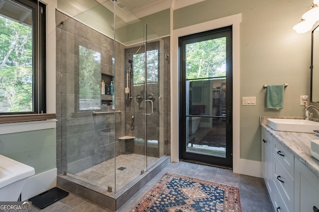 full bathroom featuring a wealth of natural light, a shower stall, and vanity