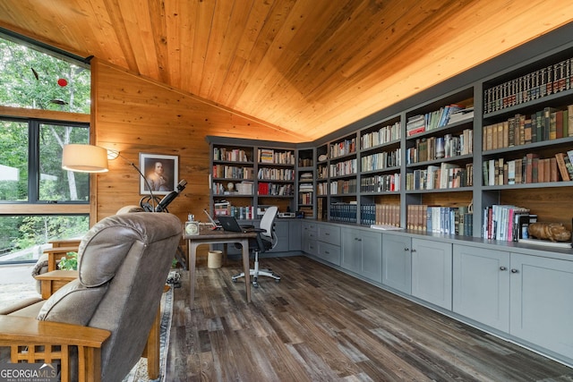 home office featuring wooden walls, built in shelves, dark wood finished floors, lofted ceiling, and wood ceiling