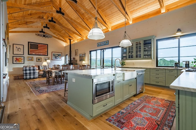 kitchen with light wood-style flooring, a healthy amount of sunlight, stainless steel appliances, and green cabinets