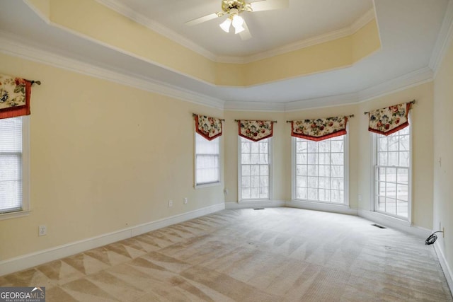 carpeted spare room featuring baseboards, a raised ceiling, and ornamental molding