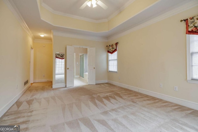 empty room with a tray ceiling, carpet, and ornamental molding