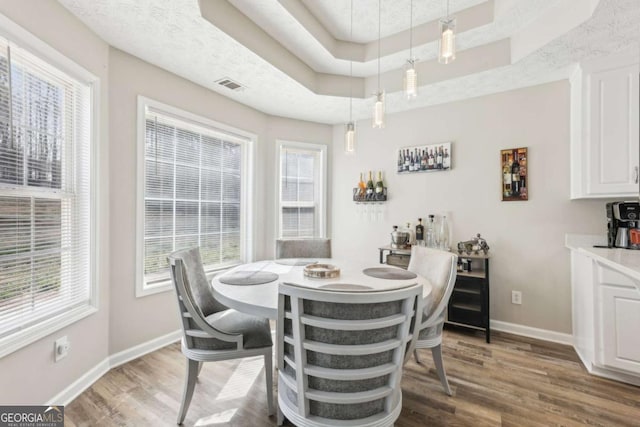 dining space with visible vents, a raised ceiling, baseboards, and wood finished floors