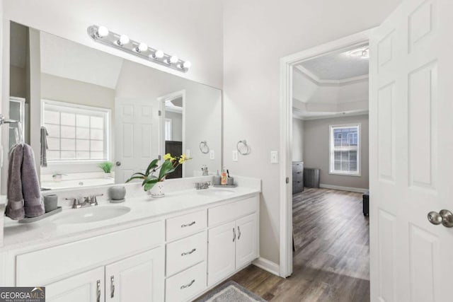 bathroom with double vanity, wood finished floors, a garden tub, and a sink