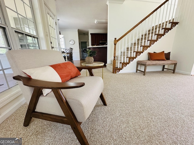 carpeted living room featuring a healthy amount of sunlight, stairs, baseboards, and ornamental molding