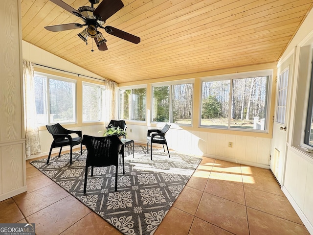 sunroom featuring lofted ceiling, plenty of natural light, and wood ceiling