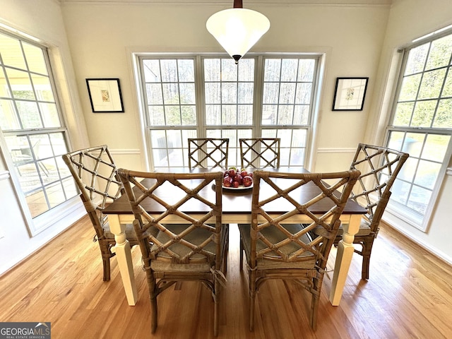 dining room featuring breakfast area, a healthy amount of sunlight, and light wood-style flooring