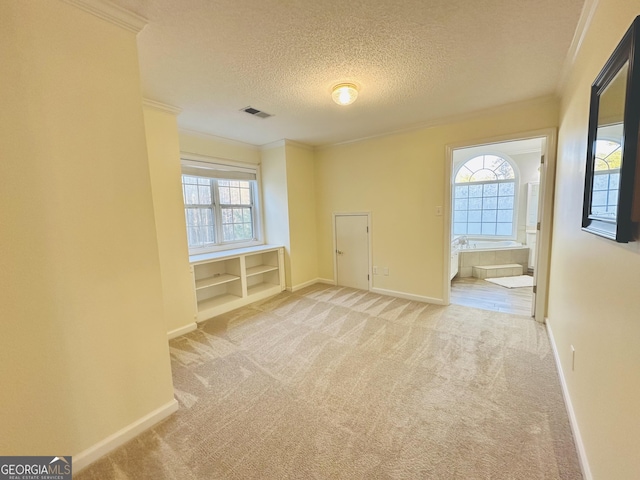 carpeted empty room with visible vents, a textured ceiling, a healthy amount of sunlight, and ornamental molding