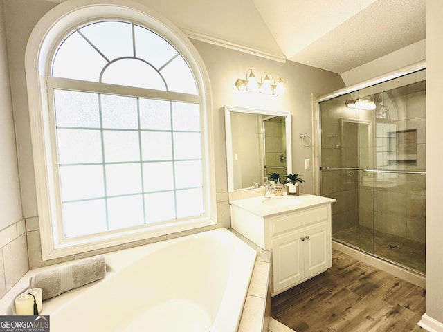 full bathroom with vanity, a shower stall, wood finished floors, and a wealth of natural light