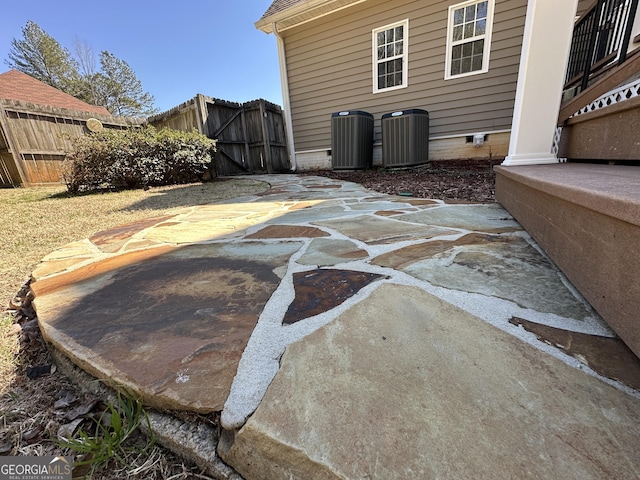 view of patio featuring central AC and fence