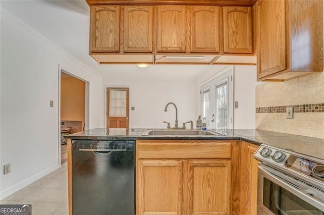 kitchen featuring light tile patterned floors, a peninsula, a sink, stainless steel range with electric stovetop, and dishwasher