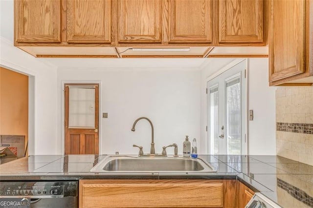 kitchen with a sink, tasteful backsplash, and dishwasher