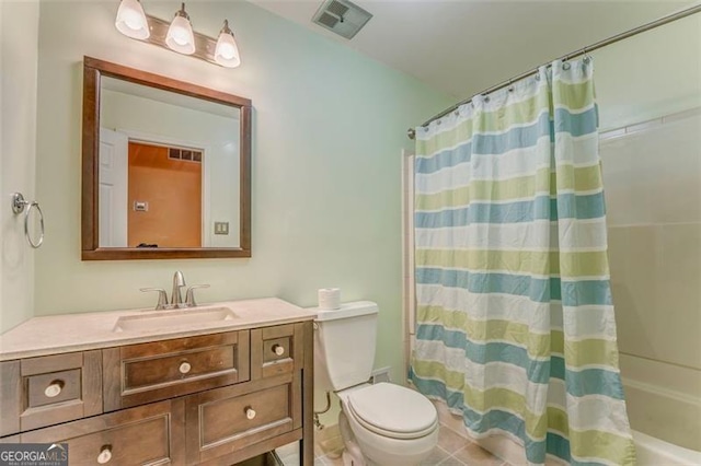 full bath featuring visible vents, toilet, and vanity