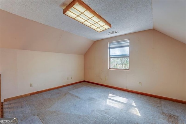 additional living space featuring a textured ceiling, lofted ceiling, baseboards, and carpet floors