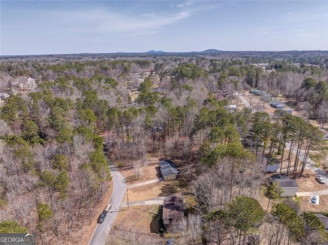 bird's eye view with a wooded view