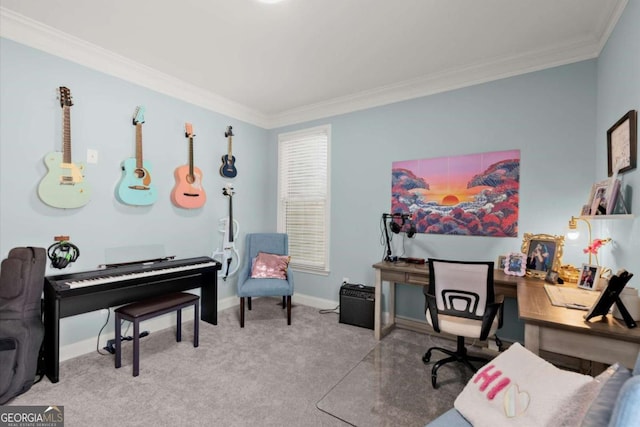 office area featuring baseboards, carpet, and ornamental molding