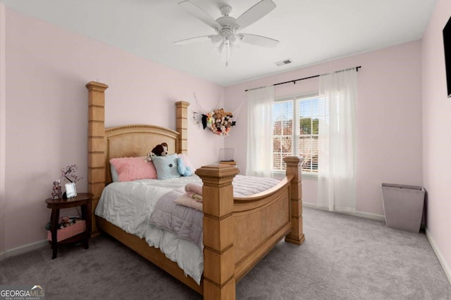 bedroom with light carpet, visible vents, a ceiling fan, and baseboards