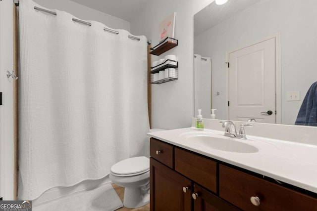 full bath featuring shower / bathtub combination with curtain, toilet, and vanity