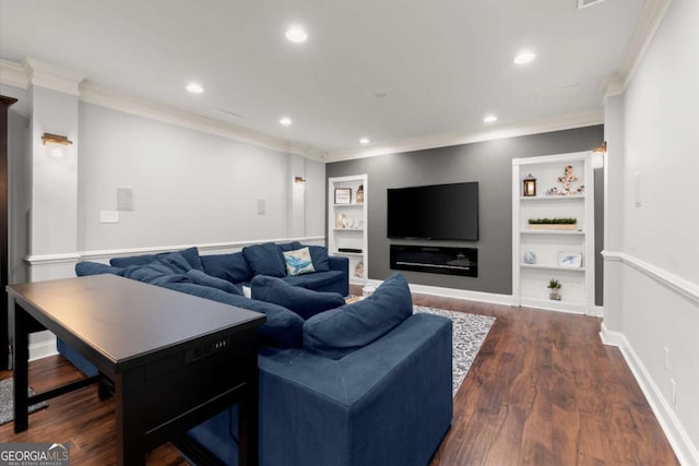 living area featuring built in features, baseboards, dark wood-style floors, and ornamental molding