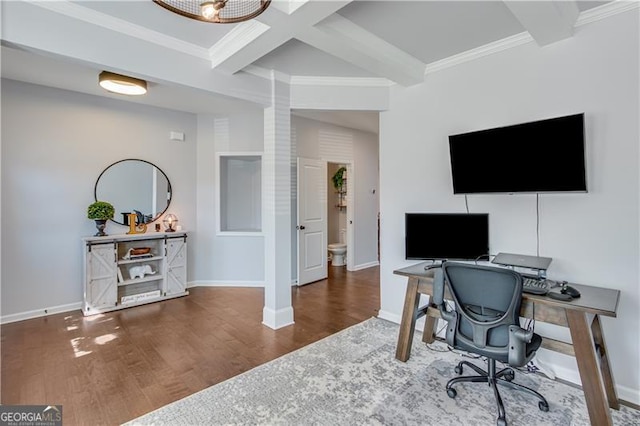 office space featuring beamed ceiling, wood finished floors, baseboards, and coffered ceiling