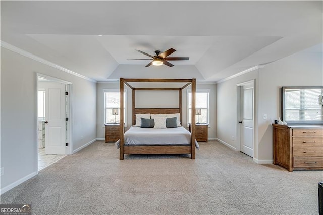 bedroom featuring crown molding, baseboards, and carpet floors