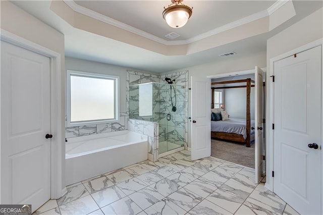 full bath with visible vents, a tray ceiling, a shower stall, a bath, and marble finish floor