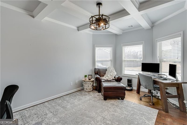 office with beam ceiling, coffered ceiling, baseboards, and wood finished floors