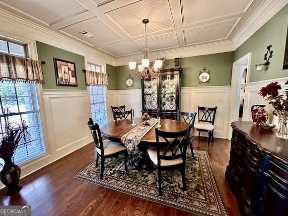 dining space featuring an inviting chandelier, dark wood-style floors, a wainscoted wall, and coffered ceiling