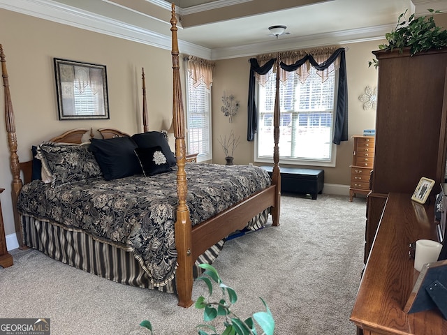 bedroom with baseboards, carpet floors, and ornamental molding