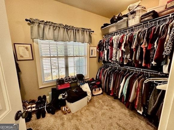 walk in closet featuring carpet flooring