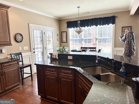 kitchen with a wainscoted wall, plenty of natural light, crown molding, and a sink