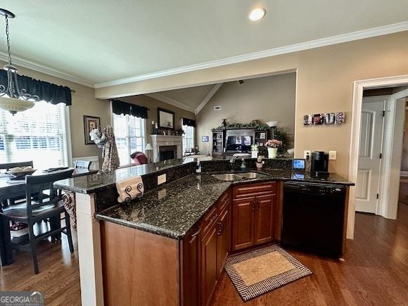 kitchen with dark wood finished floors, black dishwasher, a fireplace, and a sink