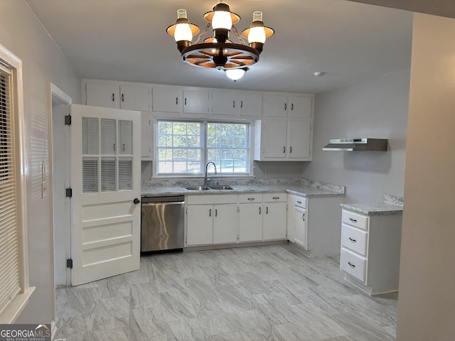 kitchen with a notable chandelier, a sink, under cabinet range hood, white cabinets, and dishwasher