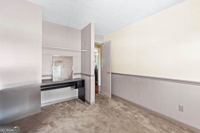 interior space featuring a textured ceiling, carpet floors, and wainscoting