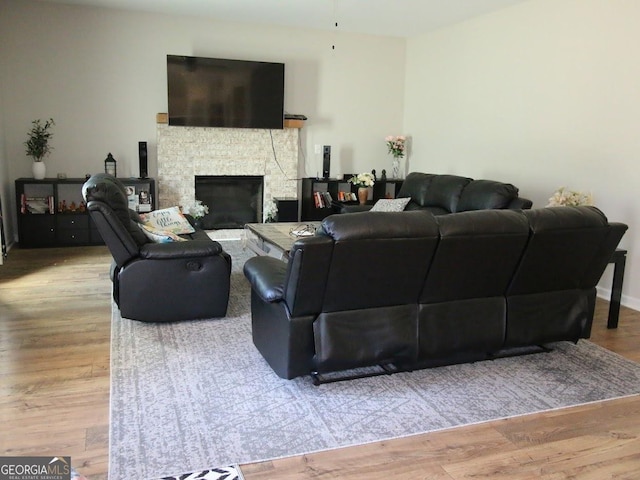 living room featuring wood finished floors and a fireplace