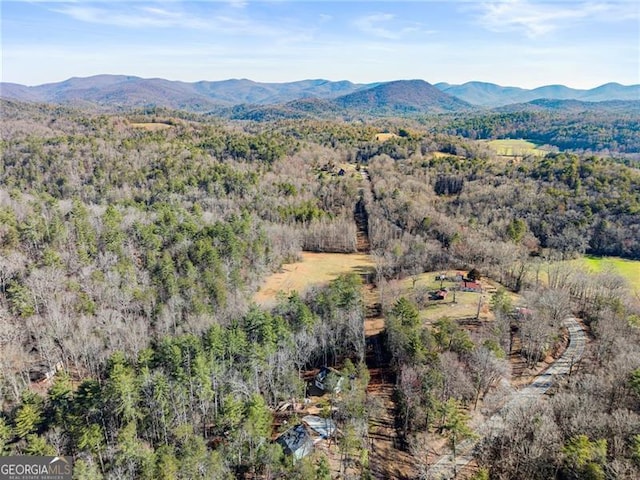 bird's eye view featuring a mountain view and a wooded view