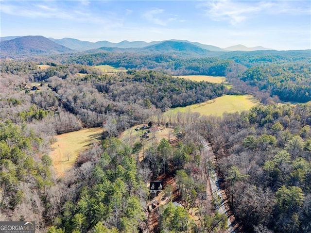 birds eye view of property featuring a mountain view and a wooded view