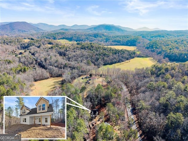 bird's eye view featuring a mountain view and a wooded view