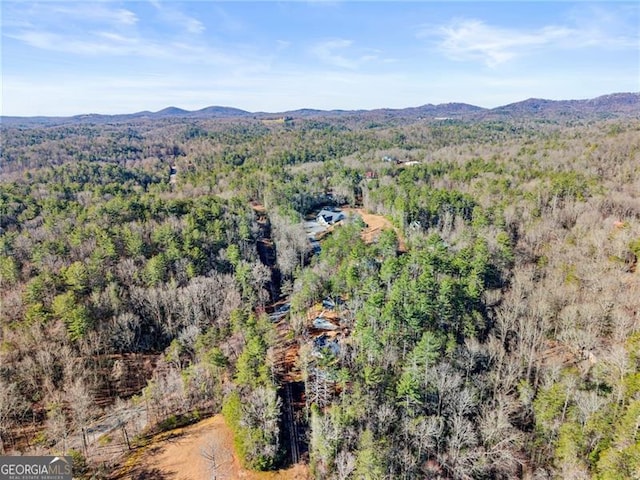 aerial view featuring a mountain view and a forest view