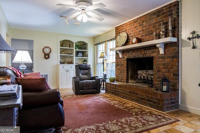 living room featuring a brick fireplace, built in shelves, visible vents, and ceiling fan