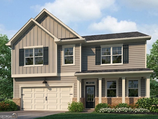 craftsman-style house with brick siding, board and batten siding, roof with shingles, driveway, and an attached garage