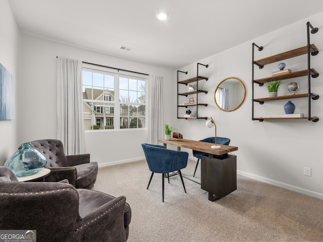 home office featuring visible vents, carpet floors, and baseboards