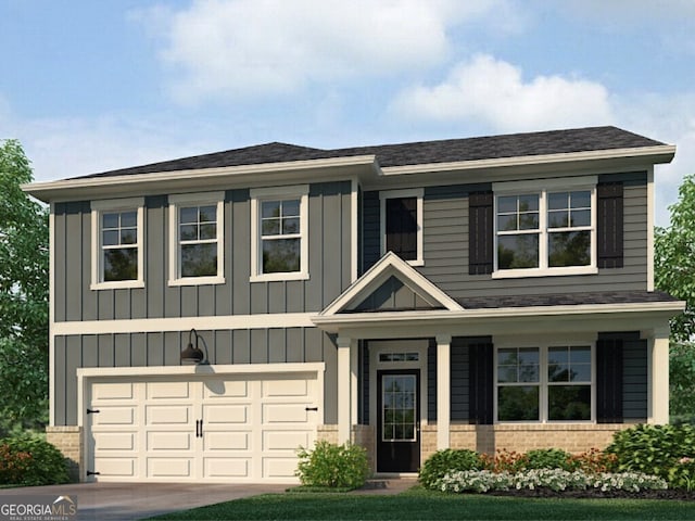 view of front of home featuring board and batten siding, an attached garage, brick siding, and roof with shingles