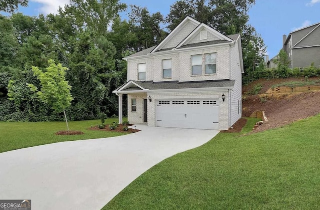 traditional home with a front yard, concrete driveway, brick siding, and an attached garage