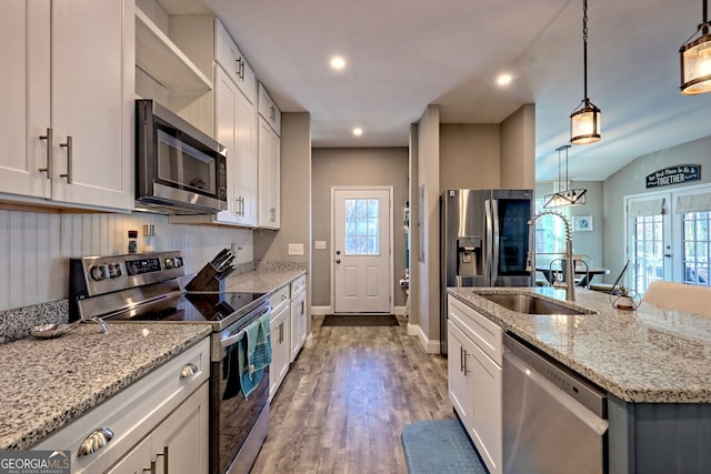 kitchen featuring a sink, plenty of natural light, appliances with stainless steel finishes, and wood finished floors