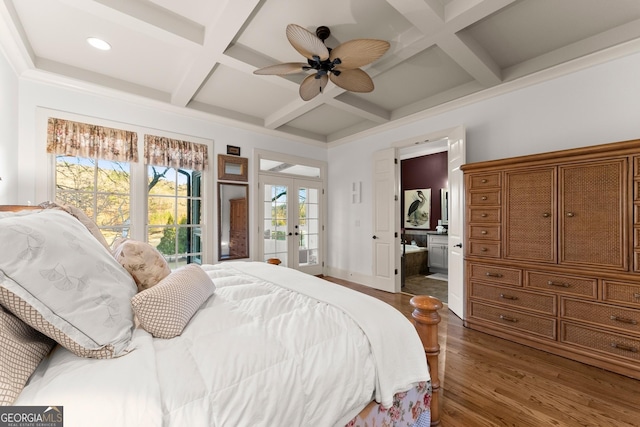 bedroom featuring beam ceiling, access to outside, coffered ceiling, wood finished floors, and french doors