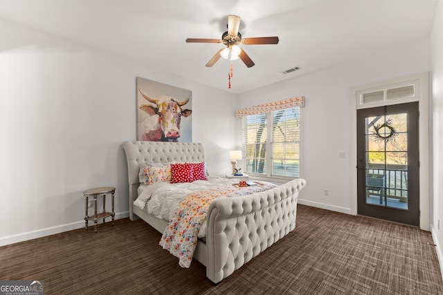 bedroom with carpet flooring, a ceiling fan, and baseboards