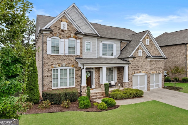 view of front of house featuring a front lawn, brick siding, a porch, and driveway